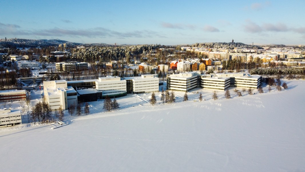 Winter scenery of Agora building and the lake Jyväsjärvi
